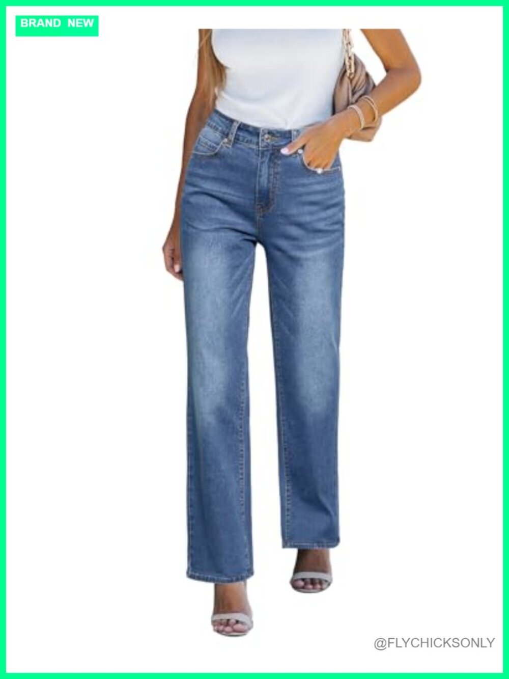 High Waisted Straight Leg Stretchy Denim Jeans Loose Fit Work Trousers